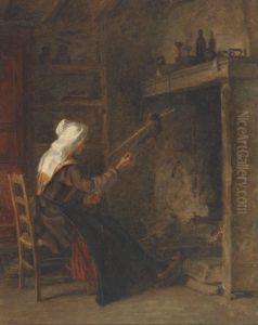 A Flemish Peasant Woman Weaving In Front Of A Fire; An Old Flemishpeasant Seated On A Balcony by Edouard Frere