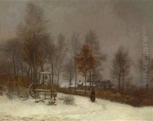Winter Scene Set In The Woods At Fontainebleau by Edouard Frere