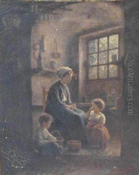 Mother And Children In A Cottage Interior - view 1