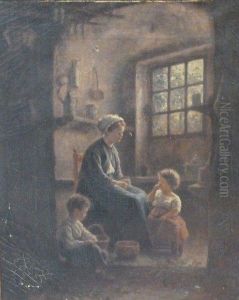 Mother And Children In A Cottage Interior by Edouard Frere