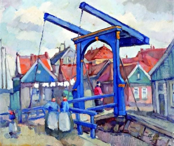 Vissers Bij Een Blauwe Ophaalbrug In Volendam - view 1