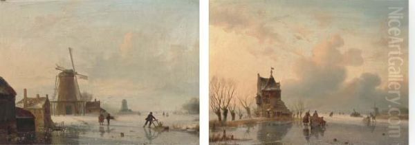 Skaters On A Dutch Waterway By A Windmill; And Skaters By A Riverside Cottage - view 1