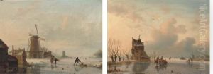 Skaters On A Dutch Waterway By A Windmill; And Skaters By A Riverside Cottage by Jacobus Freudenberg