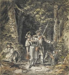 Forest Clearing With Hunter And Two Peasant Girls. by Sigismond Freudenberger