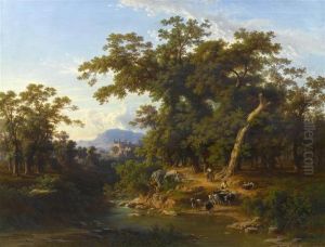 Cattle Herdsmen At A River Before A Broad Landscape.