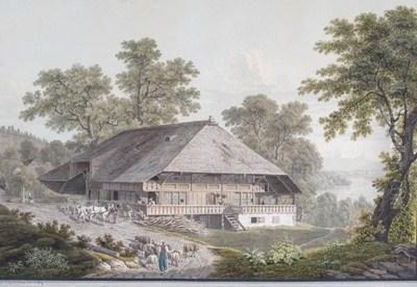 Alpine Landscape With A Shepherd And Other Figures Near A Large Chalet - view 1