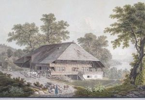 Alpine Landscape With A Shepherd And Other Figures Near A Large Chalet