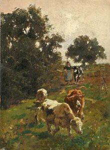 Hirtin Mit Kuhen Auf Dem Heimweg