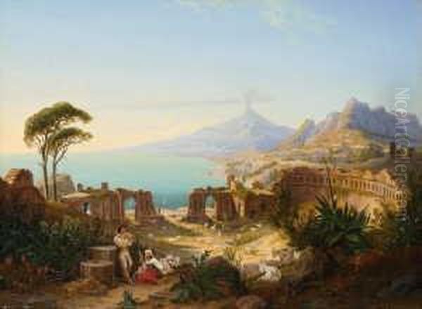 Blick Auf Das Griechische Theater Von Taormina (sizilien). Im Hintergrund Der Atna. Signiert Unten Rechts: C. Freydanck. Ol Auf Leinwand. H 42,5; B 56,5 Cm. - view 1