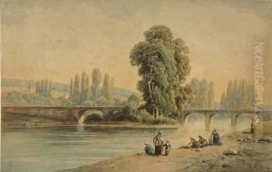 Italienische Flusslandschaft Mit Wascherinnen. by Richard Freytag