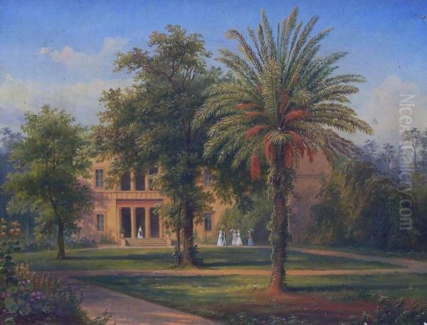 Parklandschaft Mit Sudlichem Flair Sowie Figurenstaffage Vor Klassizistischer Villa - view 1