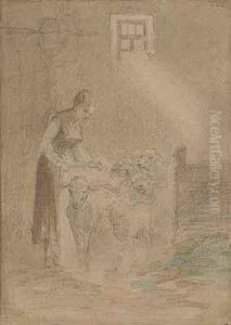 Schaferin Mit Herde Im Stall by Wilhelm Friedenberg