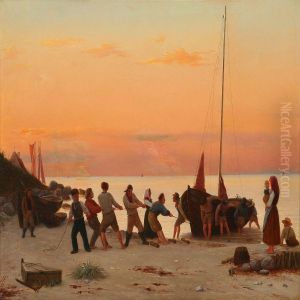 Fishermen Bringing A Boat Ashore by Julius Friedlaender