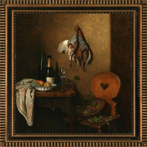 Still Life Fruitsand Bottles On A Table by Camilla Friedlander