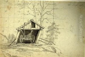 An Einen Baum Angelehnte Hutte Mit Heuwagen by Caspar David Friedrich
