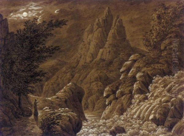 Ideale Gebirgslandschaft Mit Wasserfall (idealised Landscape With Waterfall) - view 1