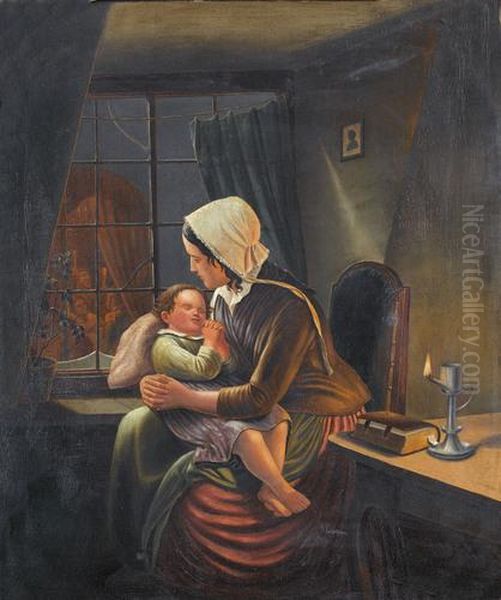 Abendliches Interieur Mit Mutter Und Kind Beim Gebet - view 1