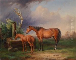 Stute Und Fohlen An Der Tranke by Gustav Adolf Friedrich