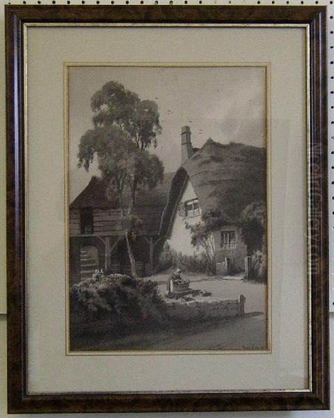 Woman Doing The Laundry In A Tub Outside A Thatched Cottage With Barn In The Background - view 1