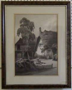 Woman Doing The Laundry In A Tub Outside A Thatched Cottage With Barn In The Background by Harry Frier