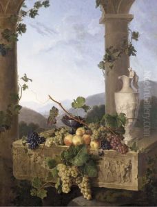 Grapes, Peaches And A Classically Inspired Pitcher On A Marble Relief Depicting Classical Figures Under An Italianate Arch In A Country Landscape by Emmanuel Fries