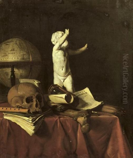A 'vanitas' With A Sculpture Of A Putto, A Globe, A Skull, A Bone, An Hourglass, A Flute And Books On A Draped Table - view 1