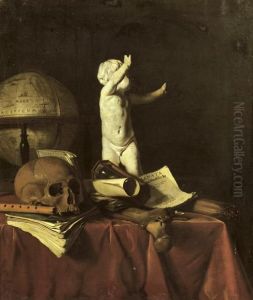 A 'vanitas' With A Sculpture Of A Putto, A Globe, A Skull, A Bone, An Hourglass, A Flute And Books On A Draped Table by Jan Fris