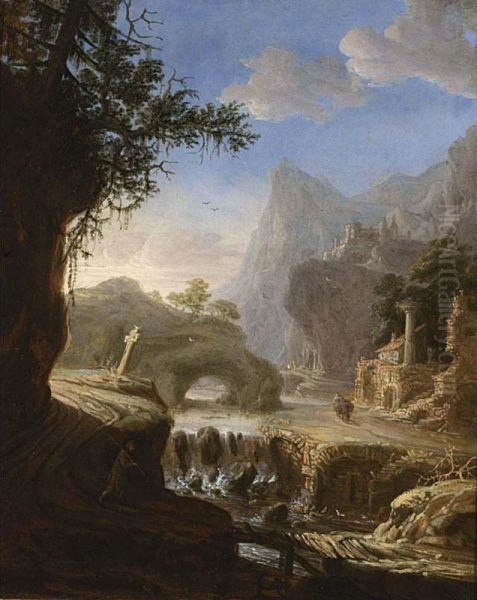 Italianate Fantasy Landscape With Figures Near A Small Cascade - view 1