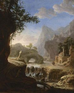 Italianate Fantasy Landscape With Figures Near A Small Cascade
