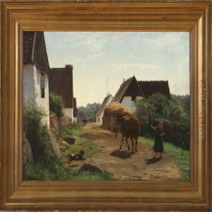 Village Street With A Girl And A Bull by Johan Didrik Frisch