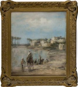 Middle Eastern Scene With People Nearwater And Figure On Camel by Johann Christoph Frisch