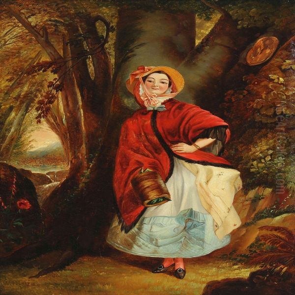 A Young Woman With A Red Shawl In The Woods - view 1