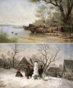 Seenlandschaft Und Winterliches Dorf Mit Spielenden Kindern by Bernhard Froehlich