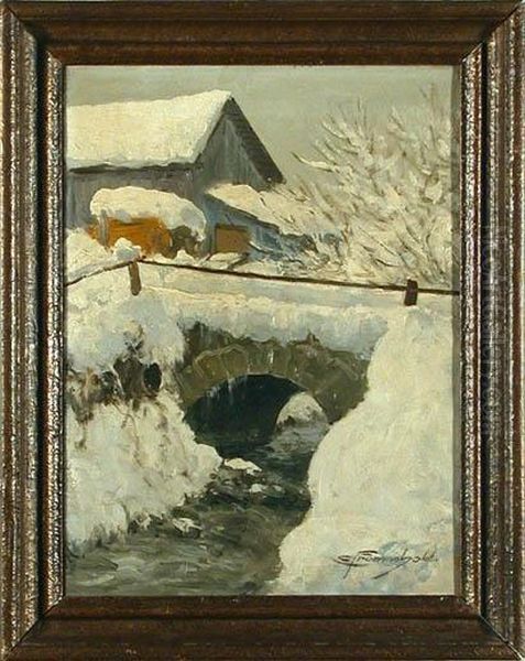 Verschneite Steinbrucke Uber Einen Bach. Am Ufer Eine Unterschnee Begrabene Scheune. Ol/lwd - view 1