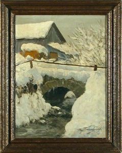 Verschneite Steinbrucke Uber Einen Bach. Am Ufer Eine Unterschnee Begrabene Scheune. Ol/lwd by Ernst Frommhold