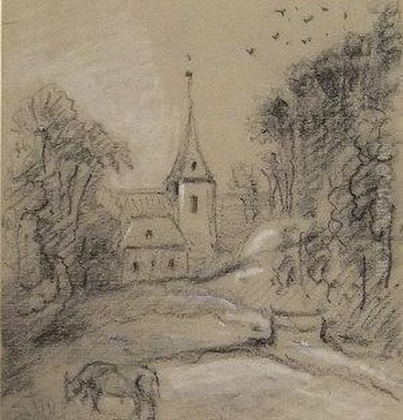 Church Landscape With Cattle;
Charcoal Highlighted In White On Grey - view 1