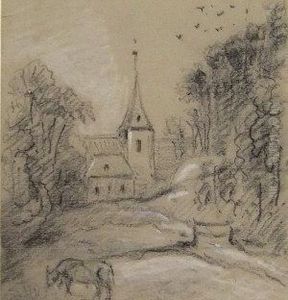 Church Landscape With Cattle; 
Charcoal Highlighted In White On Grey by George Frost