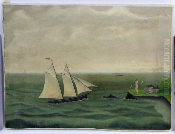 Clipper Ship Sailing By Lighthouse - view 1