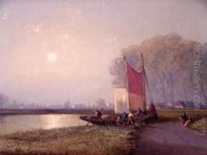 Figures With A Sailing Barge On The Shores Of A River With A Town In The Distance Figures With A Sailing Barge On The Shores Of A River With A Town In The Distance