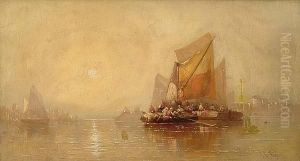 Fishing Boats On Calm Seas Off The Coast At Sunset by George G. Fryer
