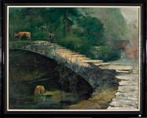 Chinese Oil On Canvas: Woman & Ox by Wang Fu