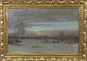 Romantischewinterlandschaft Mit Wildschweinrotte Im Gegenlicht Der Abendsonneu