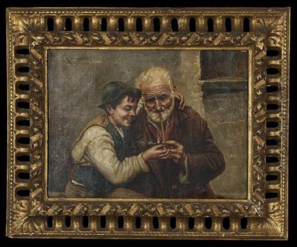 Young Boy Helping An Old Man Light Hispipe - view 1