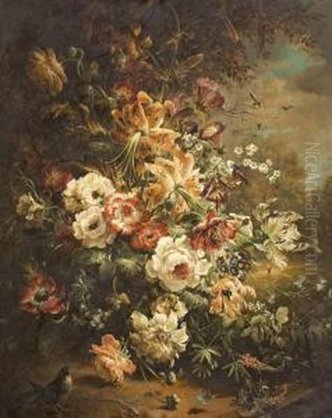 Blumenstillleben Mit Vogel In Einer Landschaft - view 1