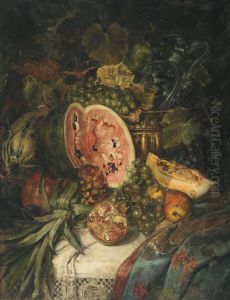 Still Life Of Watermelon, Grapes, Pomegrantes, Pineapple And Brass On A Lace Covered Ledge