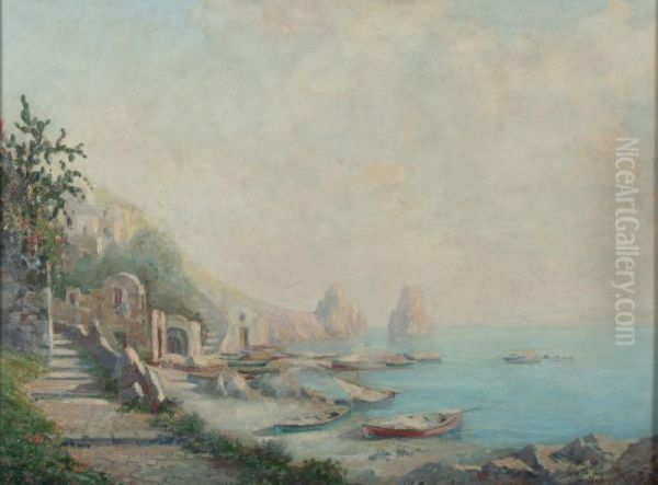 "capri" Strandmotiv Mit Fischerbooten Und Blick Auf Die Faraglione - view 1