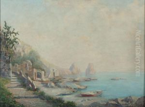 "capri" Strandmotiv Mit Fischerbooten Und Blick Auf Die Faraglione by Vincenzo Funiciello