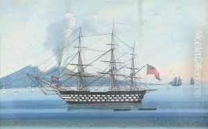 An English Royal Naval Three-decker Lying At Anchor In The Bay Of Naples by Michele Funno