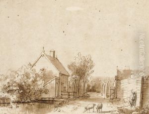 A Village Street With A Duck Pond, Two Pigs And A Peasant