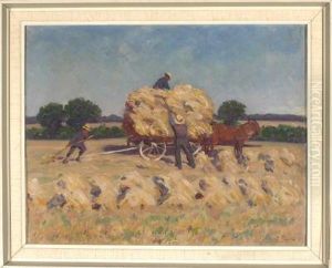 Getreideernte - Drei Bauern Mit Pferdewagen Auf Dem Feld by Julius Furst
